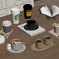 Various Coffee Drinks In Different Cups With Starbucks Cup Coffee Canister Open Book And Trays