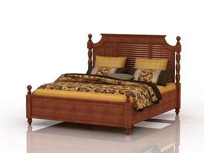 Classic Wooden Double Bed With Carved Headboard Bedposts Patterned Bedspread And Yellow Pillows 3d model