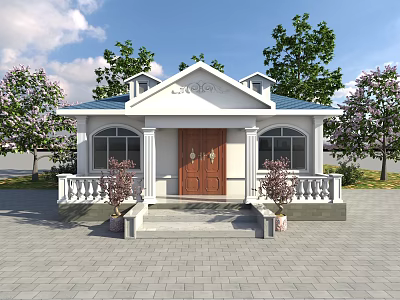 Detached Villa With White Exterior Brown Wooden Door Arched Windows Steps Balustrade And Trees 3d model