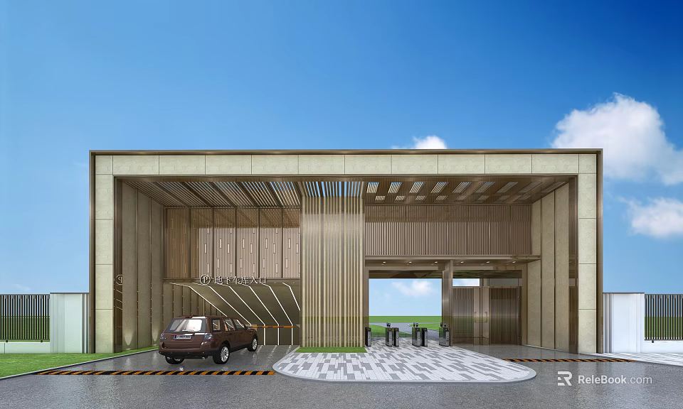 Modern Entrance Gate Design With Vertical Grille Circular Paving Car And Blue Sky Background 3d model 