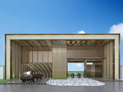 Modern Entrance Gate Design With Vertical Grille Circular Paving Car And Blue Sky Background 3d model