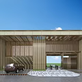 Modern Entrance Gate Design With Vertical Grille Circular Paving Car And Blue Sky Background