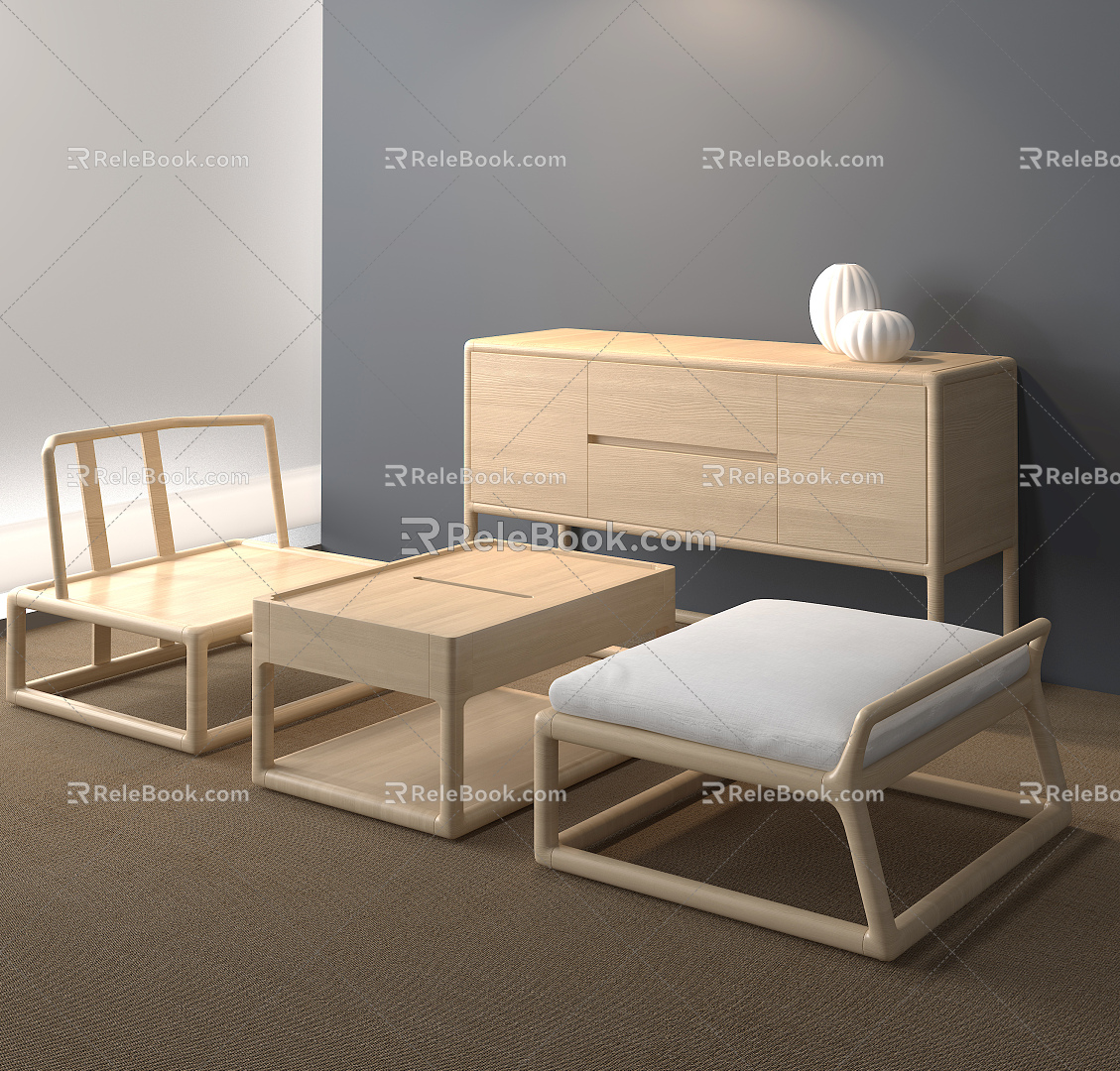 Japanese Style Table and Chair Combination Leisure Chair Tatami Chair Log Chair 3d model