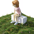 Doll Sitting on White Cube in Pink T-shirt With World Adventure Text Blue Sky Clouds