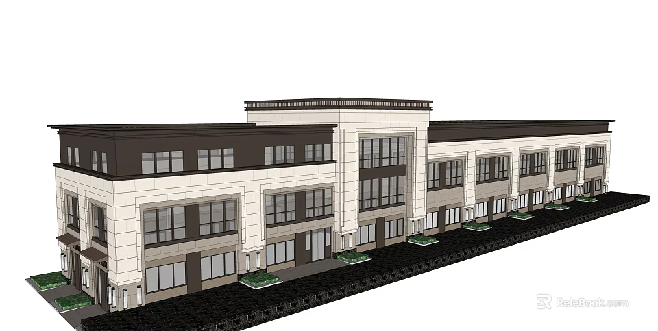 Modern Multi Story Commercial Complex With Stone Facade Large Windows And Green Plants 3d model