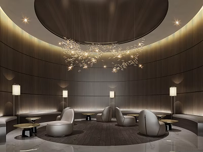 Modern Lounge Area With Curved Wooden Walls Circular Ceiling Crystal Chandelier And White Sofa Seats 3d model