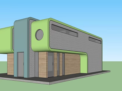 Modern Single Family House Exterior With Green Gray And Wooden Facade Curved Design Windows 3d model