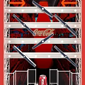 Red Coca-Cola Vending Machine Entertainment Appliance with Small Stool in Urban City Setting