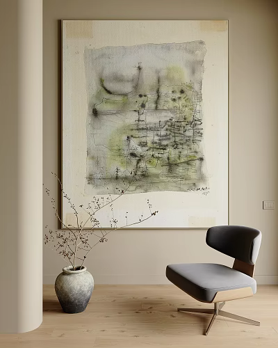 Minimalist Abstract Painting With Green Gray Tones Vase And Chair In Interior Space 3d model