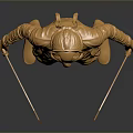 Golden Cat Headed Humanoid Statue With Textured Armor And Holding Weapons On Dark Reflective Surface