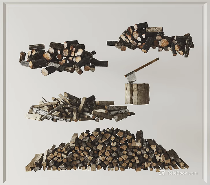 Stone And Wood Assortment With Stacked Logs Axe And Various Firewood Piles 3d model 