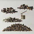 Stone And Wood Assortment With Stacked Logs Axe And Various Firewood Piles