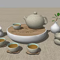 Elegant White Ceramic Tea Set with Teapot Cups Wooden Tray and Small Plant Vase