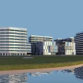 Modern Office Building Complex Featuring Green Roofs Urban Roads And Green Spaces