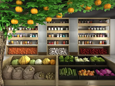 Supermarket Grocery Display With Fresh Vegetables Fruits Canned Goods And Pumpkin Tree On Shelves 3d model