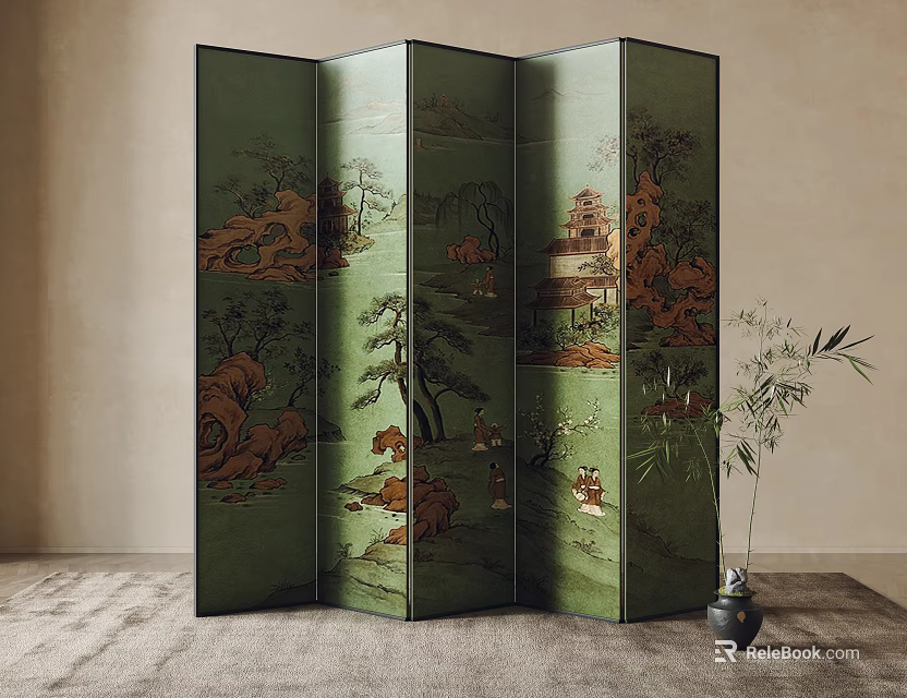 Traditional Green Folding Screen With Landscape Art In Interior Space 3d model