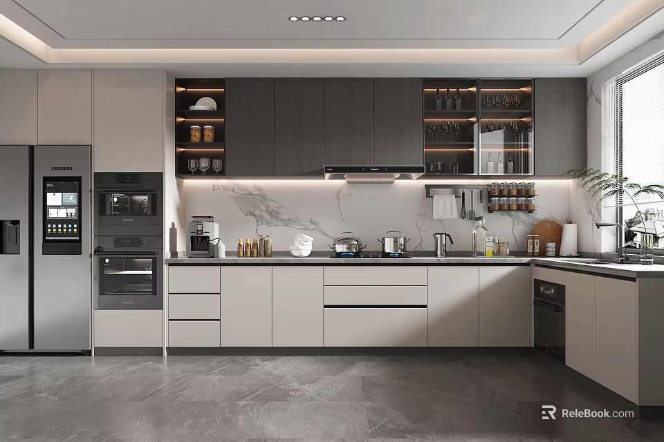 Modern Kitchen Interior with Gray White Cabinets Marble Countertop And Built-in Appliances 3d model 