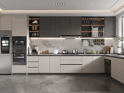 Modern Kitchen Interior with Gray White Cabinets Marble Countertop And Built-in Appliances 3d model