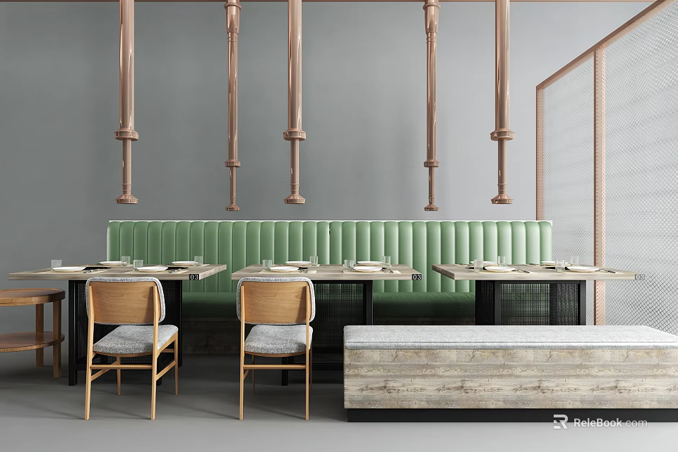 Modern Public Seating In Restaurant With Green Upholstered Bench And Copper Pendant Lights 3d model 