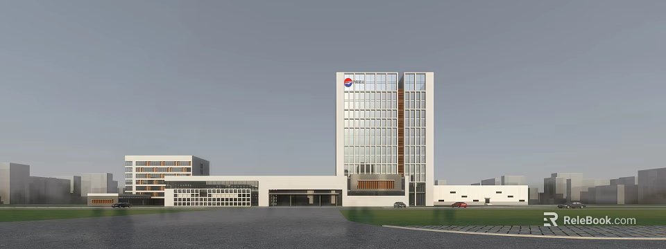 Modern Office Building With Glass Curtain Wall And Company Logo Exterior Design 3d model 