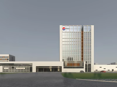 Modern Office Building With Glass Curtain Wall And Company Logo Exterior Design 3d model