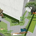 Modern Courtyard Garden Entrance With Lush Green Plants Trimmed Shrubs And Outdoor Lighting