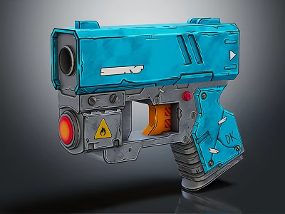 Blue Futuristic Pistol With Red Indicator Light Yellow Warning Sign And Gray Grip 3d model