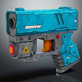 Blue Futuristic Pistol With Red Indicator Light Yellow Warning Sign And Gray Grip