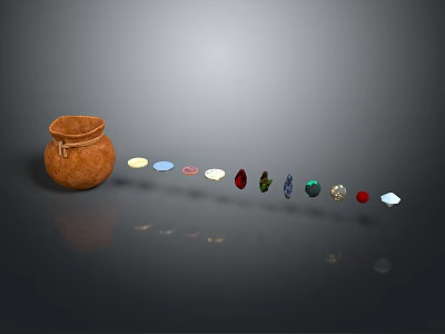 Clay Pot With Colorful Small Objects Arranged In A Row On Dark Background 3d model