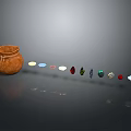 Clay Pot With Colorful Small Objects Arranged In A Row On Dark Background 3d model