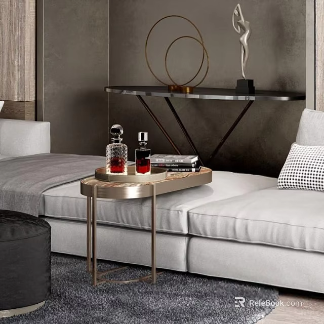 Modern Side Table By White Sofa With Metal Frame Marble Top Decorative Bottles Tray 3d model