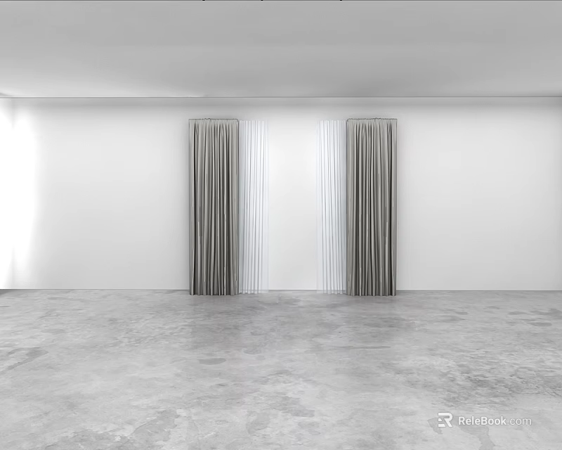 Gray Curtains with White Stripes in White Room and Gray Concrete Floor Natural Light 3d model 
