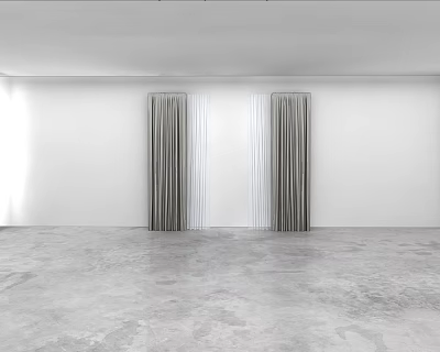 Gray Curtains with White Stripes in White Room and Gray Concrete Floor Natural Light 3d model