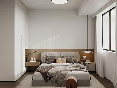 Modern Minimalist Bedroom Interior With Wooden Headboard Nightstands Lamps Window Curtains And Round Ceiling Light 3d model