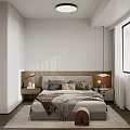 Modern Minimalist Bedroom Interior With Wooden Headboard Nightstands Lamps Window Curtains And Round Ceiling Light