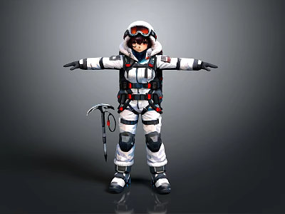 White And Red Protective Suit With Helmet Goggles Backpack And Ice Axe 3d model