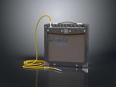 Black Beneo Speaker With Yellow Cable On Black Surface And Gray Background 3d model