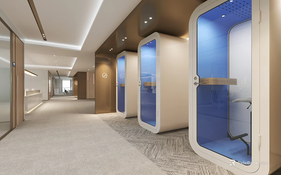 Modern Lounge Area Interior With Glass Enclosed Relaxation Pods And Carpeted Floor 3d model 