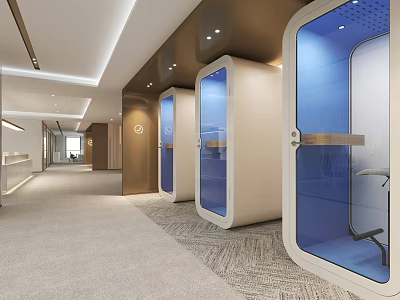 Modern Lounge Area Interior With Glass Enclosed Relaxation Pods And Carpeted Floor 3d model