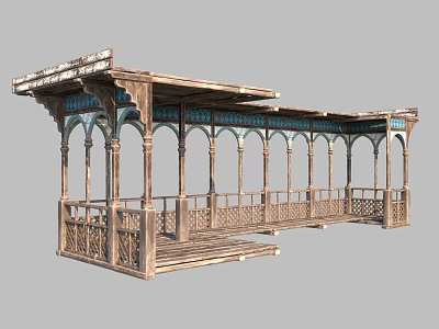 Traditional Wooden Pavilion With Arched Roof Blue Accents Columns Railings And Steps 3d model
