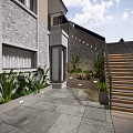 Modern Detached Villa Exterior With Stone Walls Wooden Staircase And Garage Door