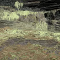 Natural Cave Interior With Rock Walls Stalactites Dirt Floor Fallen Leaves And Greenery