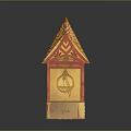 Cartoon Scene of Traditional Decorated Pavilion with Yellow Red Roof and Floral Patterns Wooden Pillar