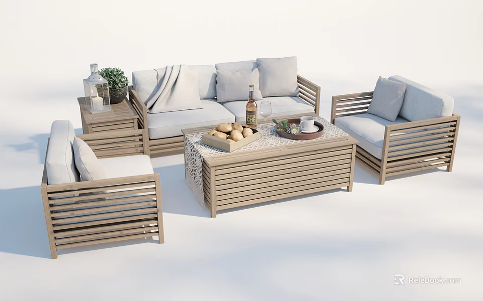 Wooden Outdoor Sofa Set with Coffee Table Cushions and Decorative Plants 3d model 