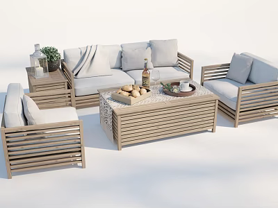 Wooden Outdoor Sofa Set with Coffee Table Cushions and Decorative Plants 3d model
