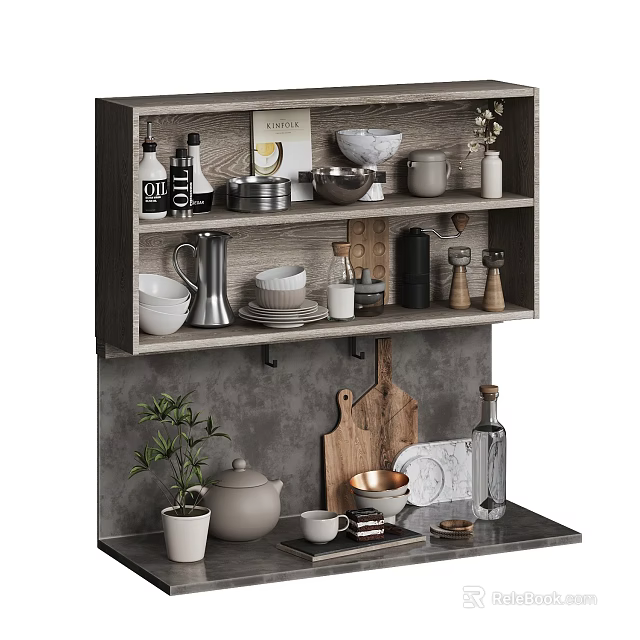 Stylish Dinnerware Set With Bowls Plates Mugs On Kitchen Shelf And Countertop 3d model 