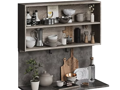 Stylish Dinnerware Set With Bowls Plates Mugs On Kitchen Shelf And Countertop 3d model