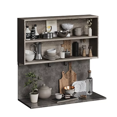 Stylish Dinnerware Set With Bowls Plates Mugs On Kitchen Shelf And Countertop 3d model