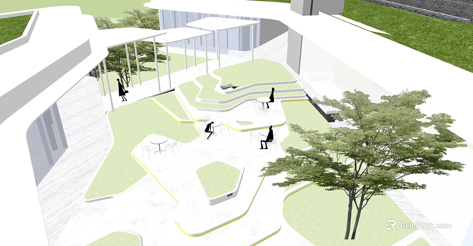 Modern Garden Landscape With Curved Pathways Lawn Seating Areas Trees And Glass Structures 3d model 