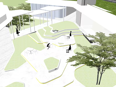 Modern Garden Landscape With Curved Pathways Lawn Seating Areas Trees And Glass Structures 3d model